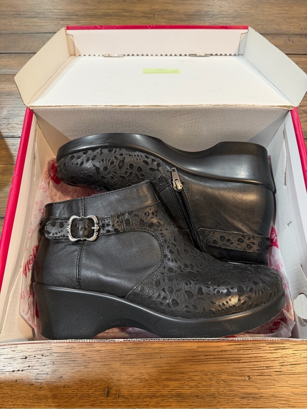 Alegria Black Floral Cutout Wedge Ankle Boots​